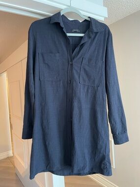 Zara Navy Linen-Blend Long Sleeve Button Shirt Dress